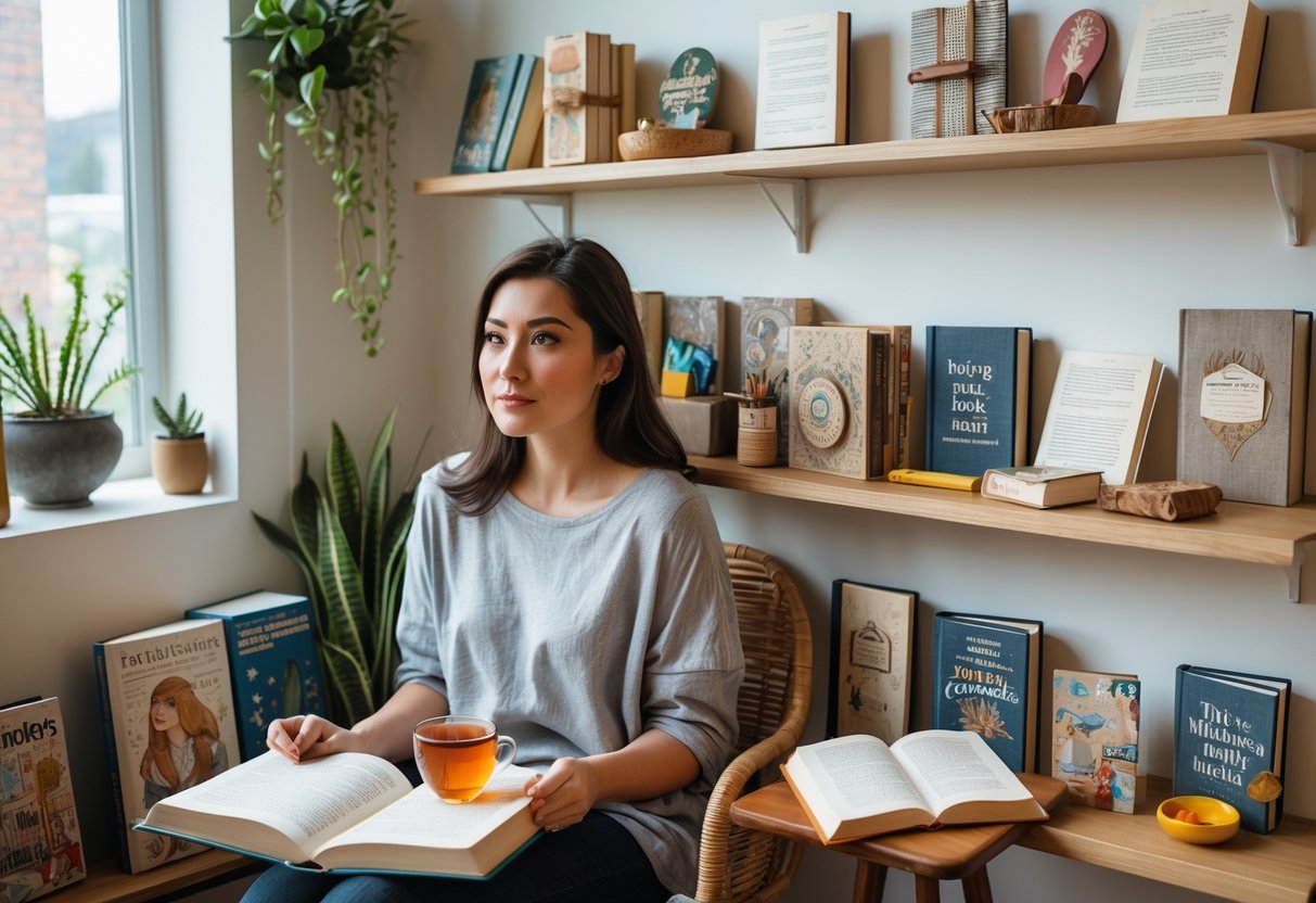 A young woman sitting in a cozy reading nook surrounded by unique book-related gifts and books, holding an open book with a cup of tea nearby.