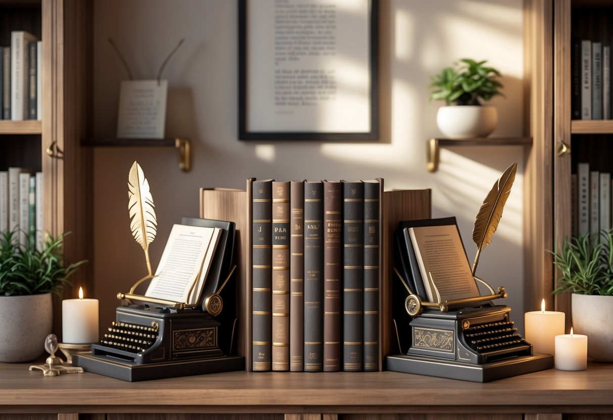 A bookshelf with books held by artistic bookends surrounded by plants, candles, and framed artwork in a warm, cozy room.