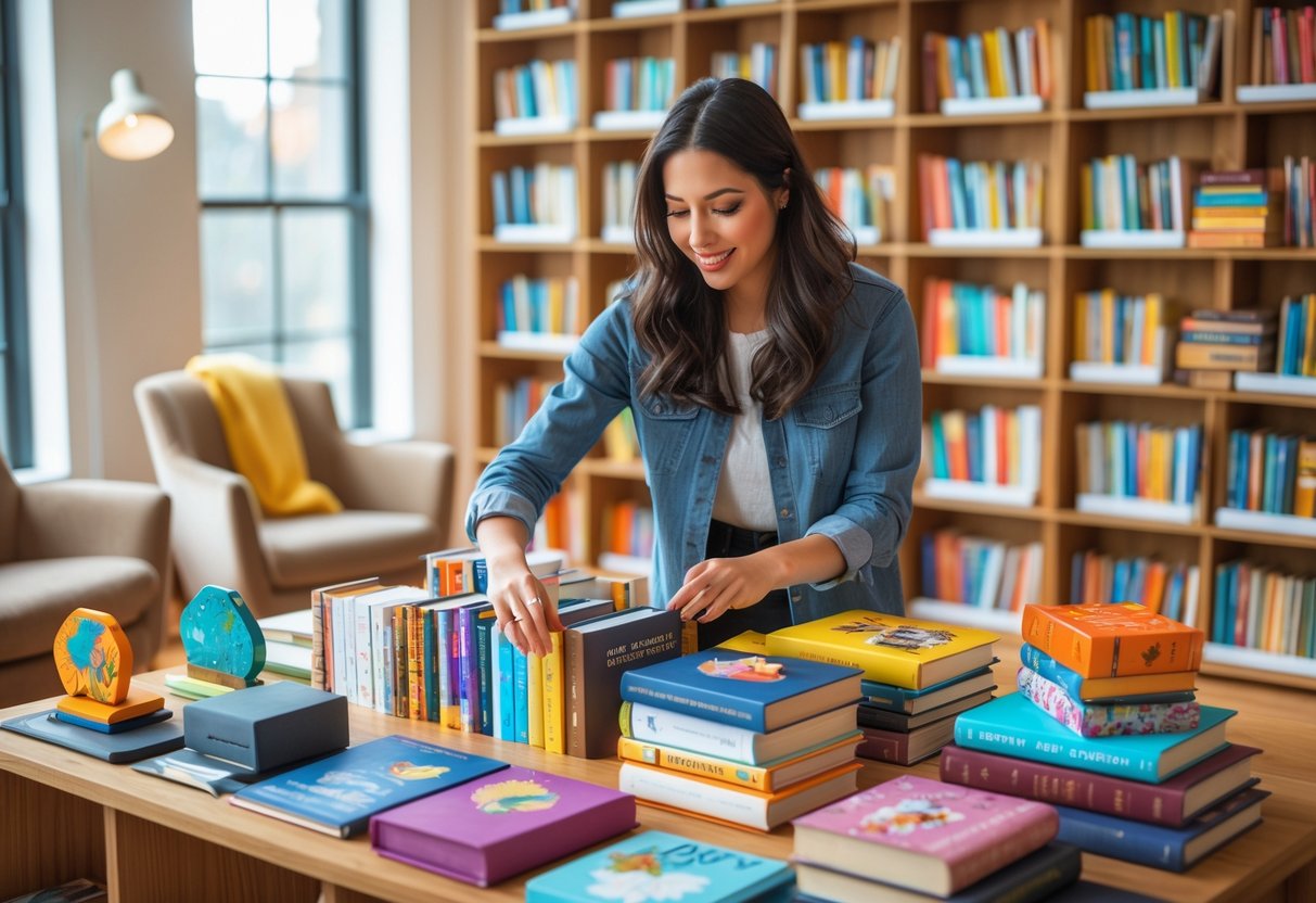 A young woman organizing books on a modern wooden bookshelf surrounded by creative book organization items in a cozy room.