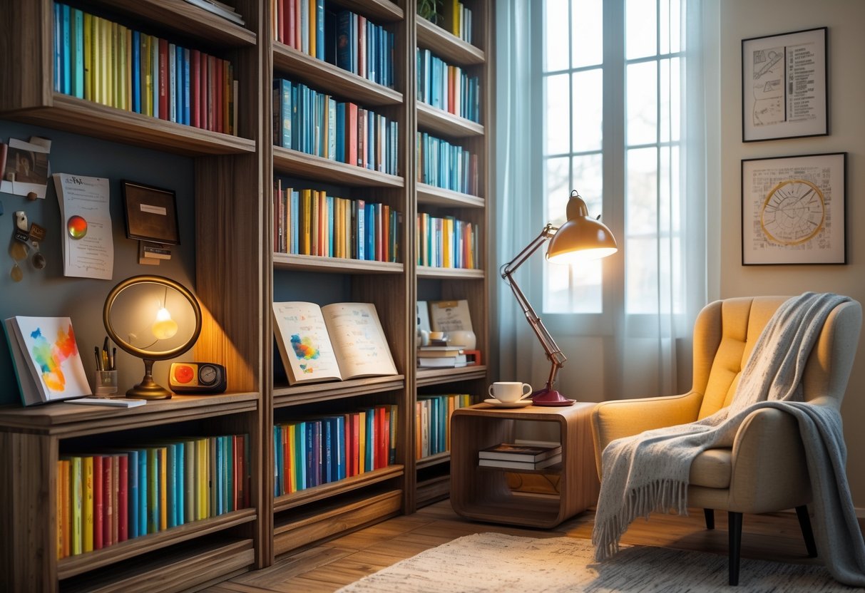 A cozy reading nook with a bookshelf, armchair, reading accessories, and a cup of tea in a bright room.