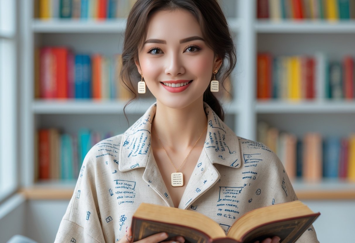 A young woman wearing book-inspired jewelry and apparel stands indoors near bookshelves, holding an open book and smiling gently.