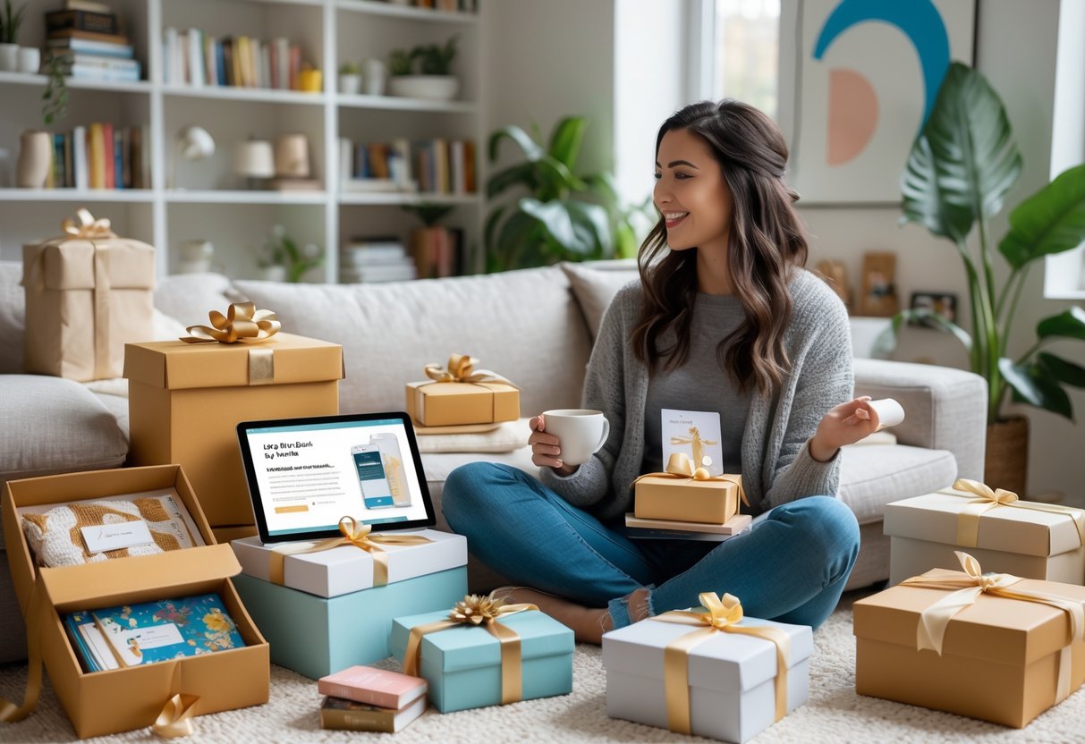 A young woman sitting in a cozy living room surrounded by subscription boxes with books and accessories, holding a book and a cup of tea, with a tablet showing a digital gift experience nearby.