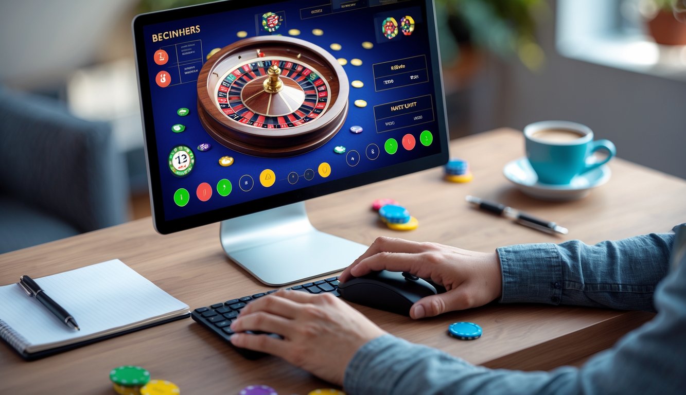 Seseorang sedang bermain roulette online di komputer dengan tampilan roda roulette dan chip taruhan di layar.