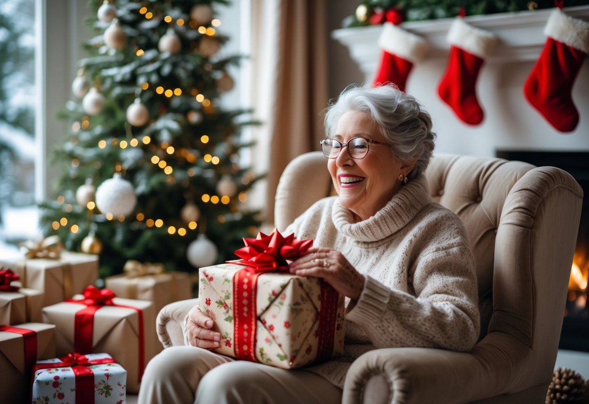 Grandmother happily opening a Christmas gift in a cozy, decorated living room during winter.