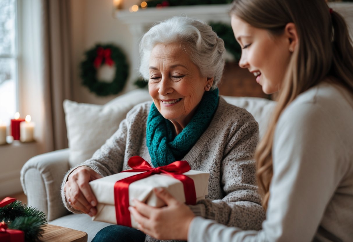 A grandmother happily opening a Christmas gift given by a younger family member in a cozy living room decorated for winter.