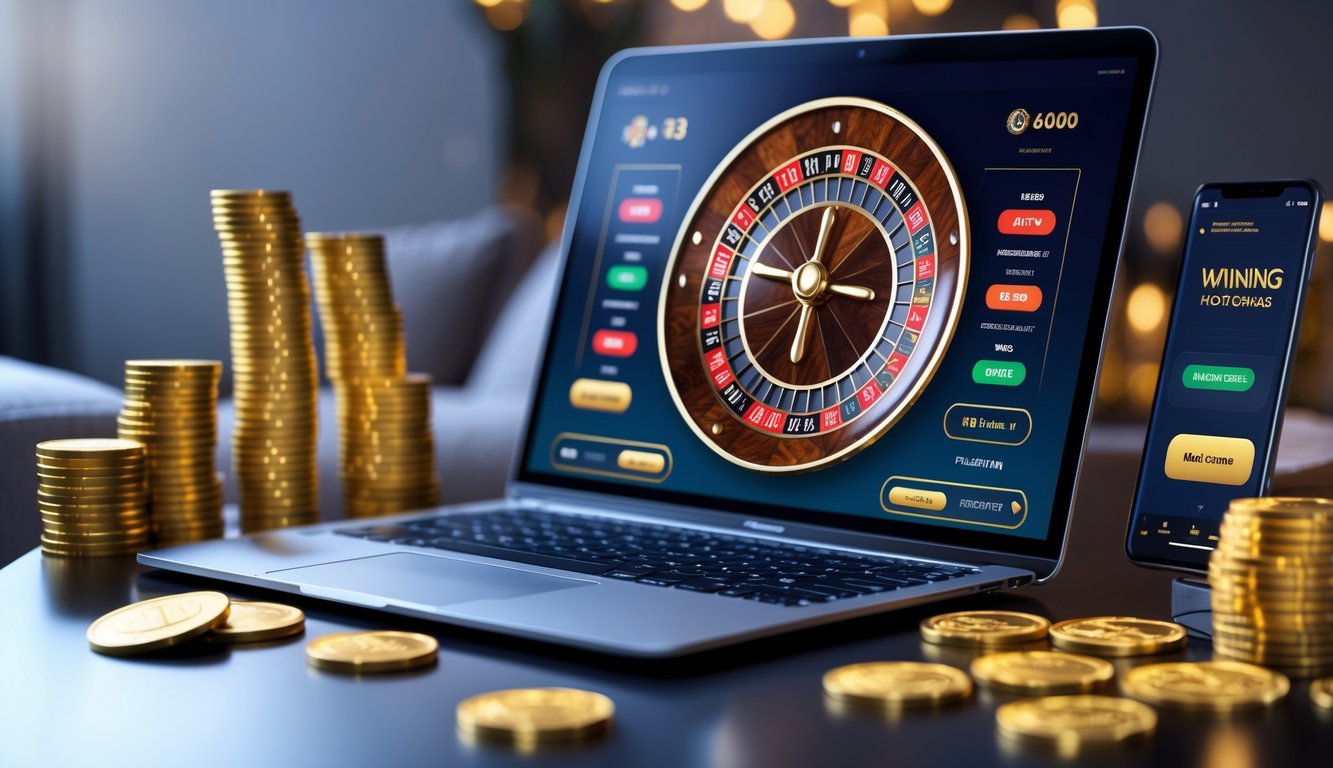 Sebuah meja roulette digital dengan laptop menampilkan roda roulette dan tumpukan chip poker serta koin emas di sekitarnya.