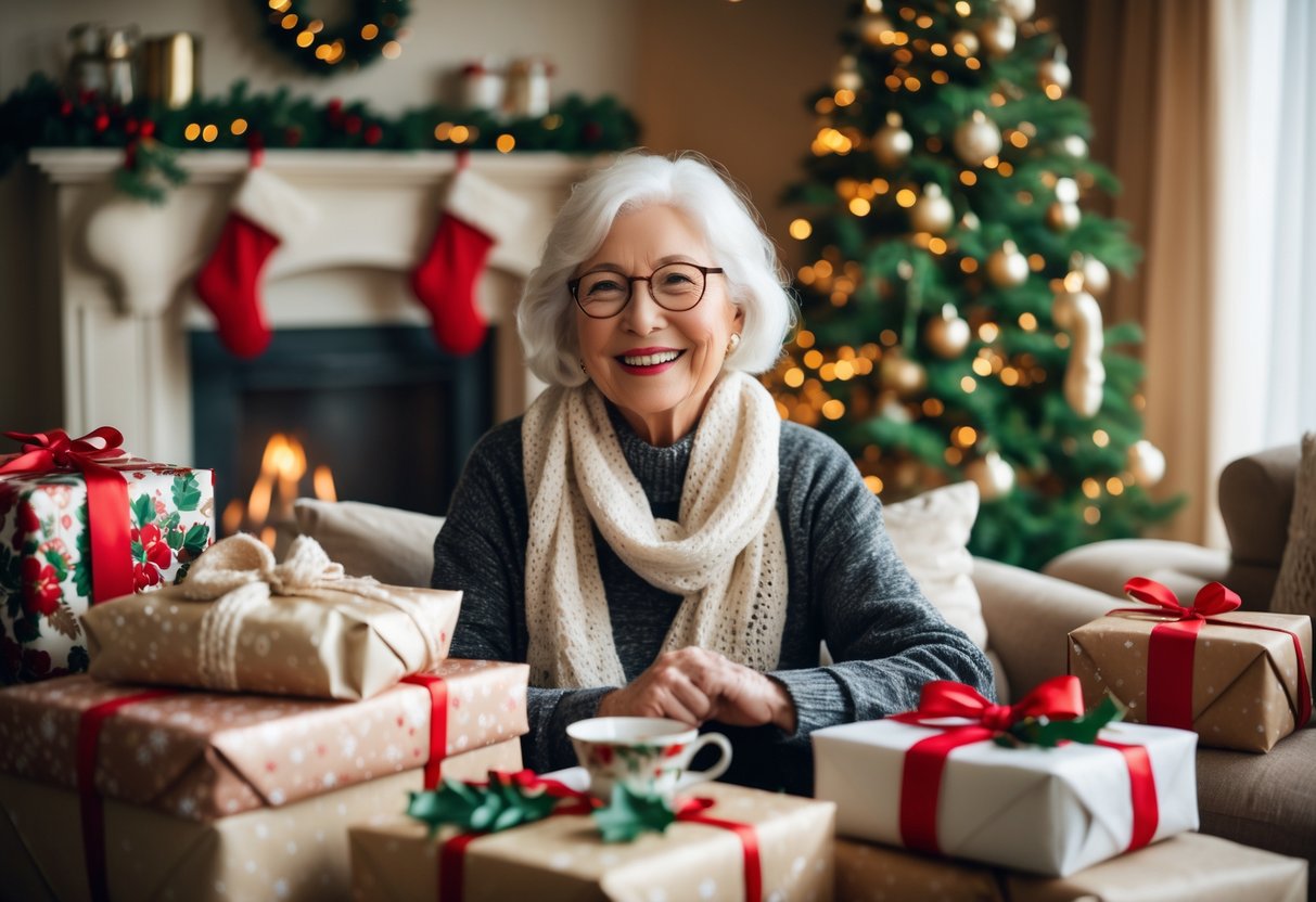 An elderly woman smiling in a cozy living room decorated for Christmas, surrounded by wrapped gifts and a decorated Christmas tree.