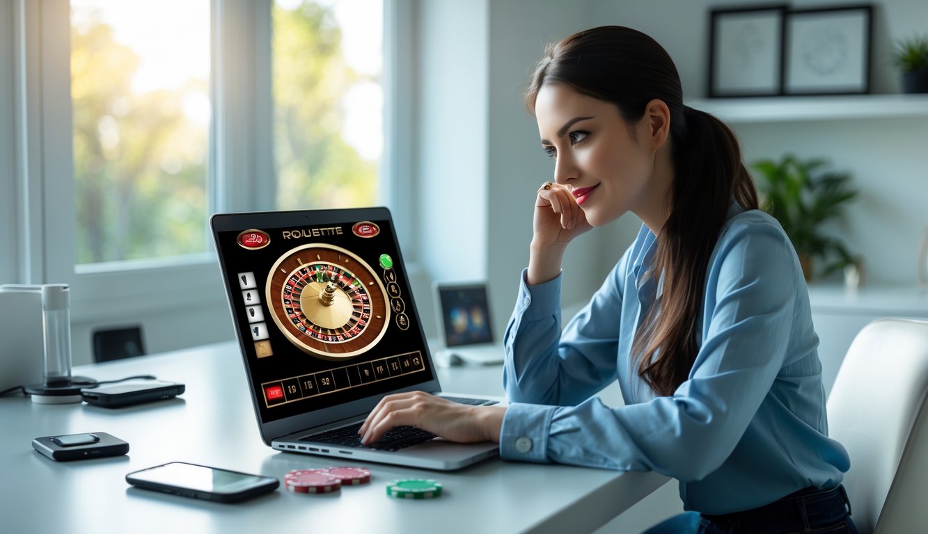 Seorang wanita muda duduk di depan laptop yang menampilkan permainan roulette online, tampak fokus dan berpikir strategi di ruang kerja rumah yang rapi.