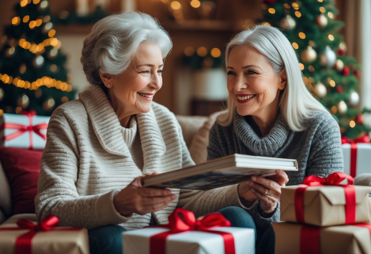 Grandmother receiving a Christmas gift from her granddaughter in a cozy living room with a decorated Christmas tree.