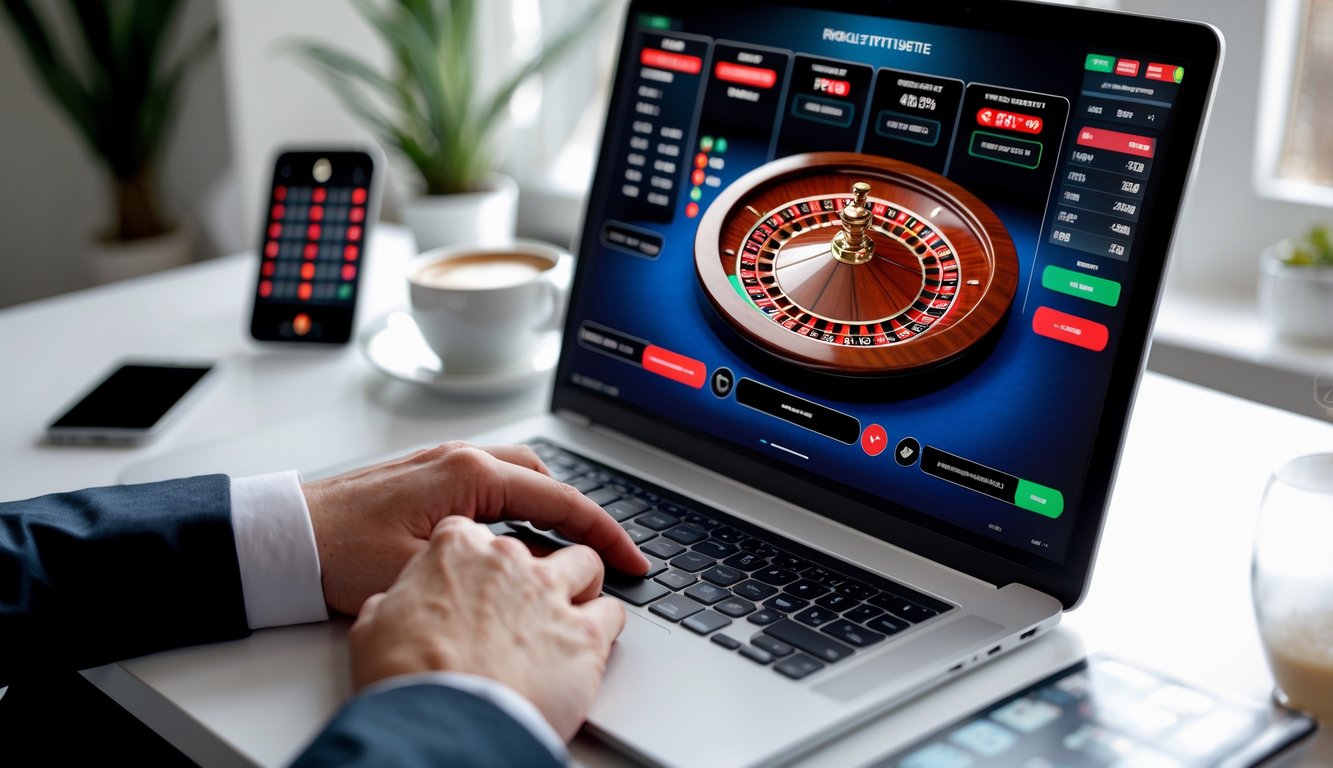Sebuah meja kerja dengan komputer yang menampilkan roda roulette online berwarna-warni dan perangkat pendukung di sekitarnya.