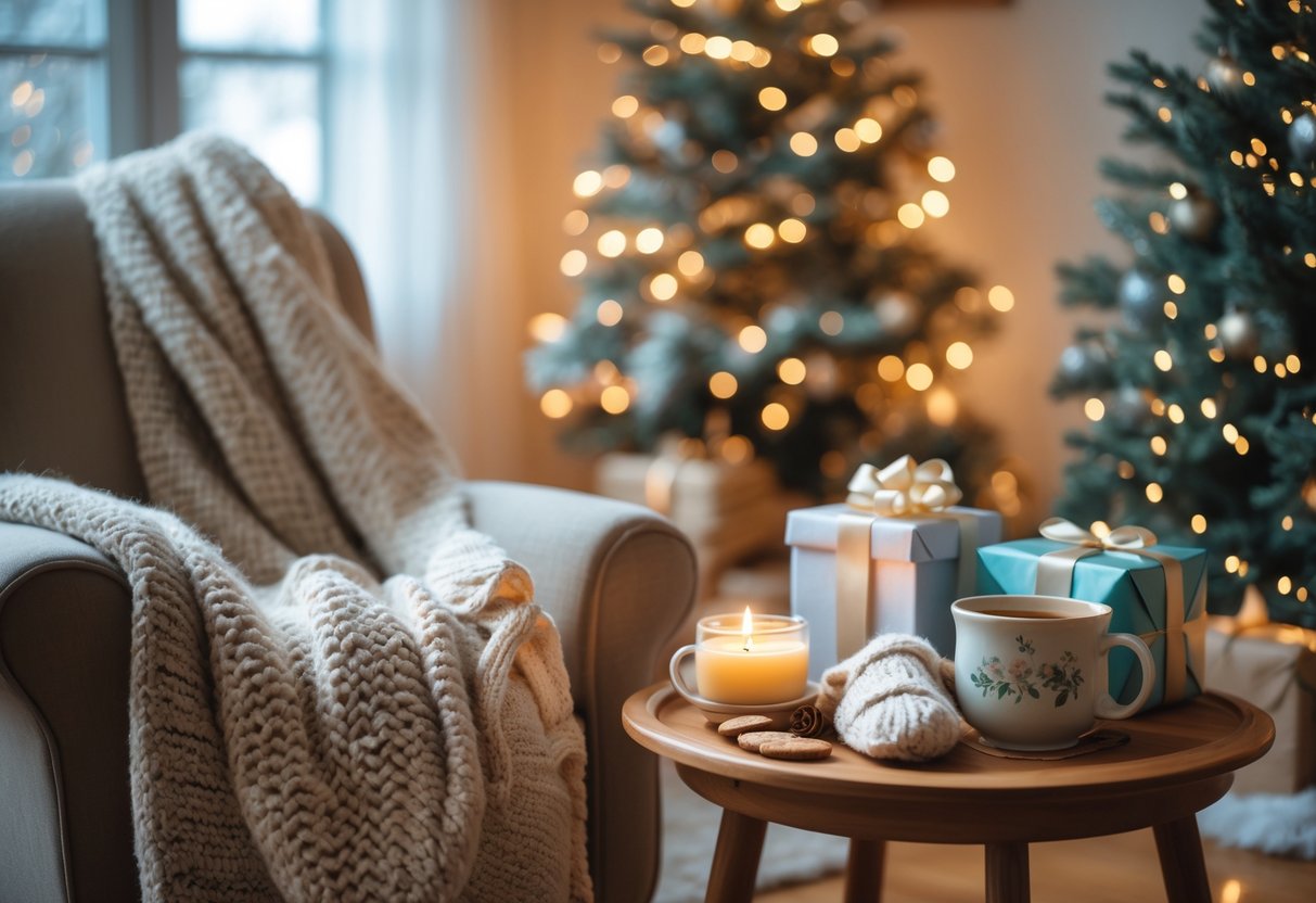 A cozy living room with a comfortable armchair, warm blankets, wrapped gifts, a cup of tea, and a decorated Christmas tree in the background.