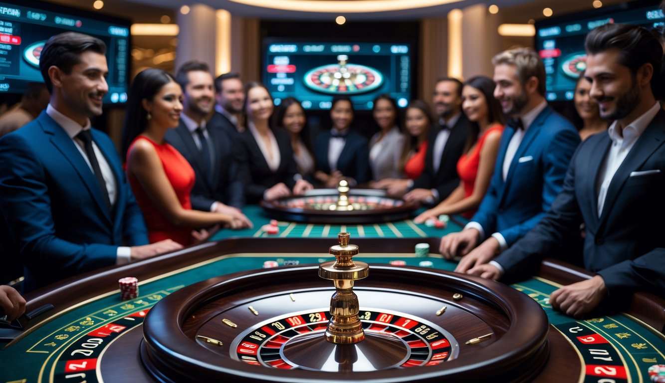 Meja roulette kasino online dengan pemain yang sedang menonton permainan langsung di layar.