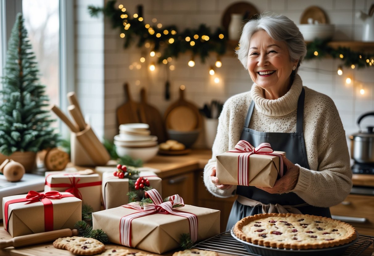 A grandmother in a cozy kitchen surrounded by baking tools and wrapped Christmas gifts, smiling warmly as she holds a present.