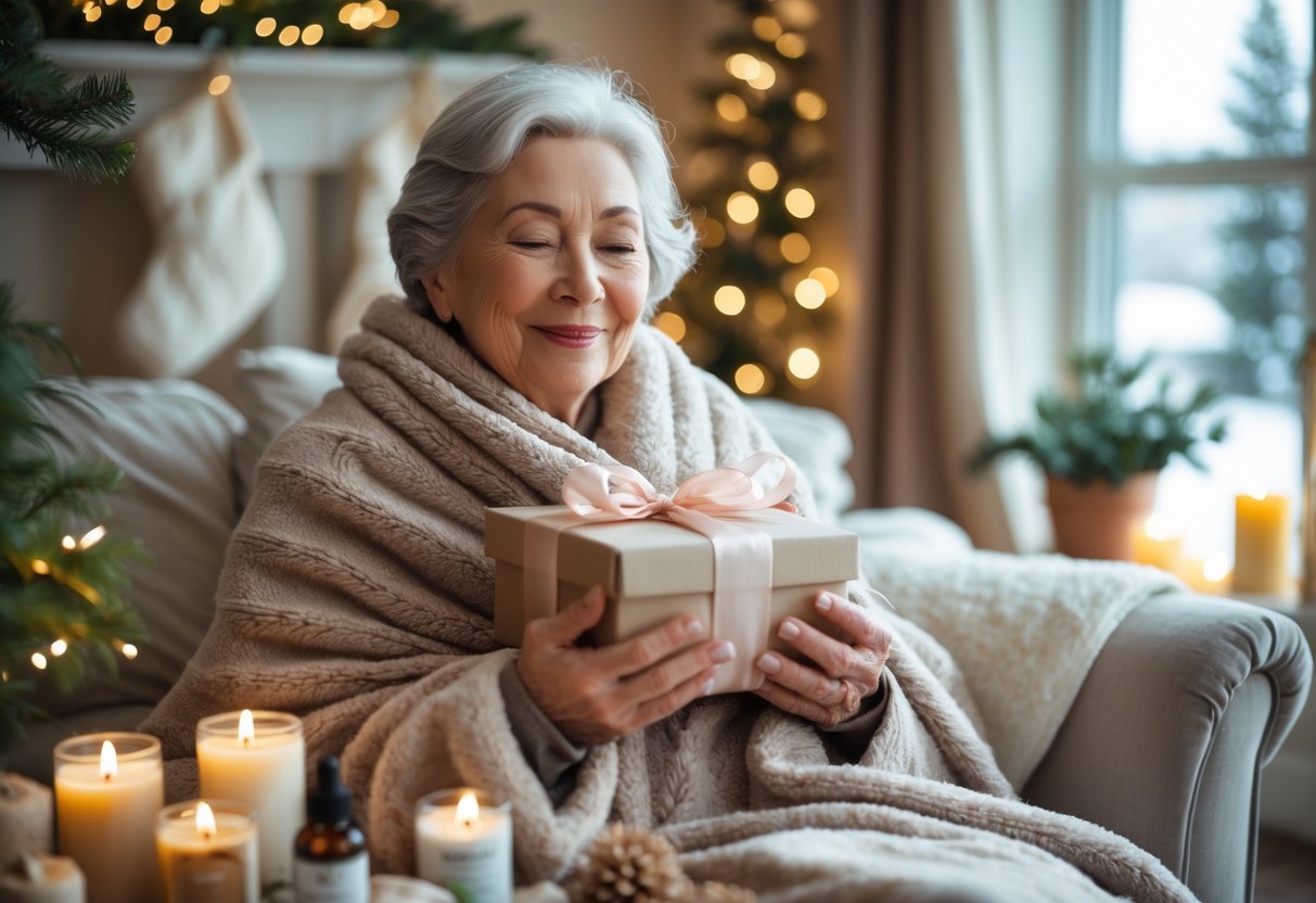 An elderly woman sitting in a cozy living room holding a wrapped wellness gift box surrounded by self-care items and winter decorations.
