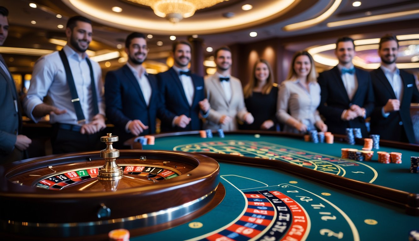 Meja roulette dengan pemain berpakaian rapi di kasino yang mewah dan pencahayaan hangat.