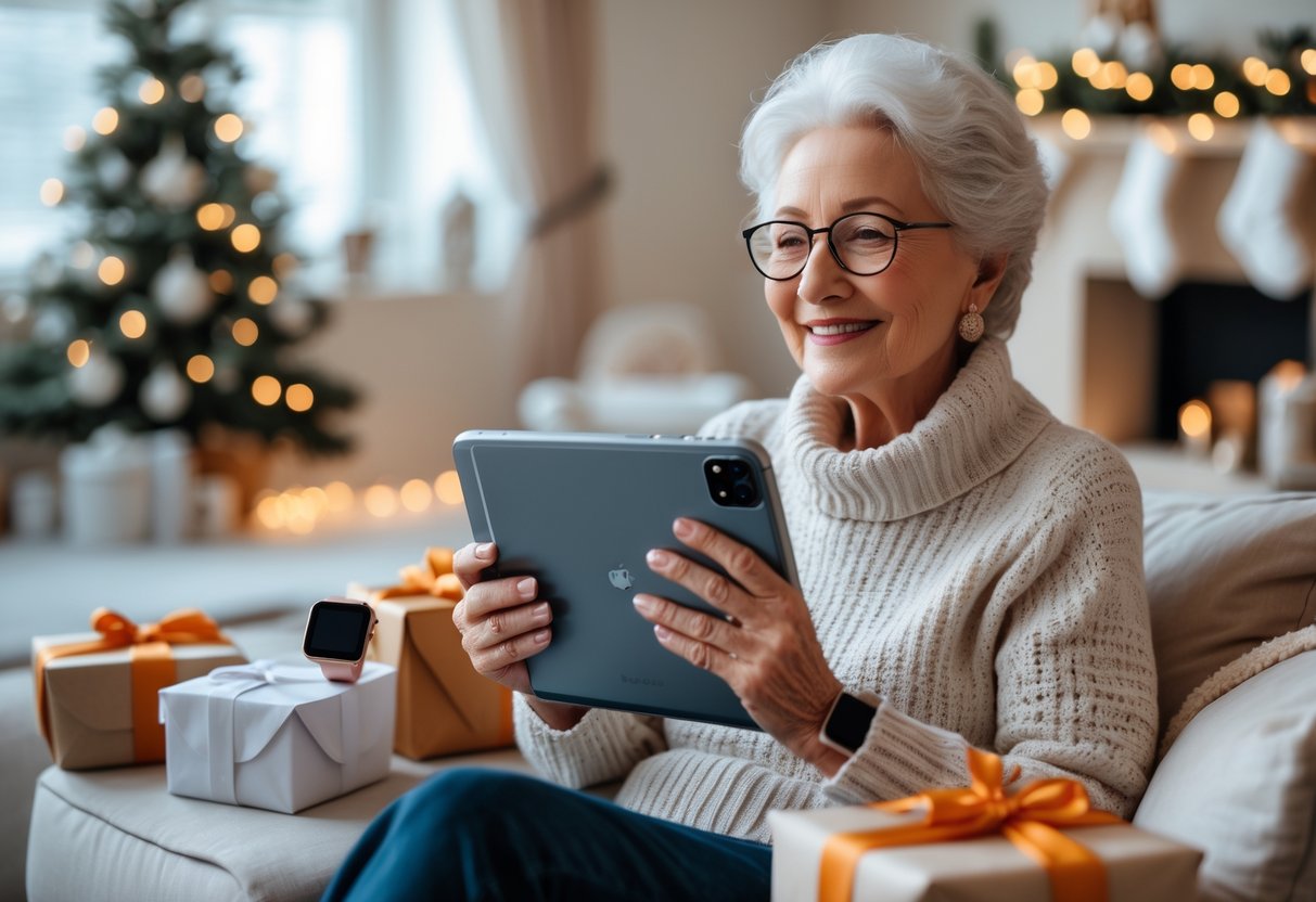 A smiling grandmother sitting in a cozy living room decorated for Christmas, holding a tablet with smart gift boxes nearby.