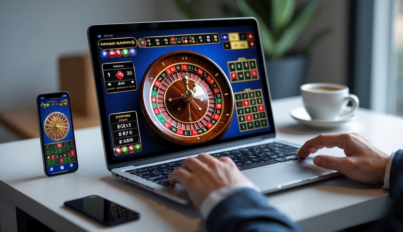 Layar laptop menampilkan permainan roulette online dengan variasi taruhan dan chip warna-warni di meja permainan.