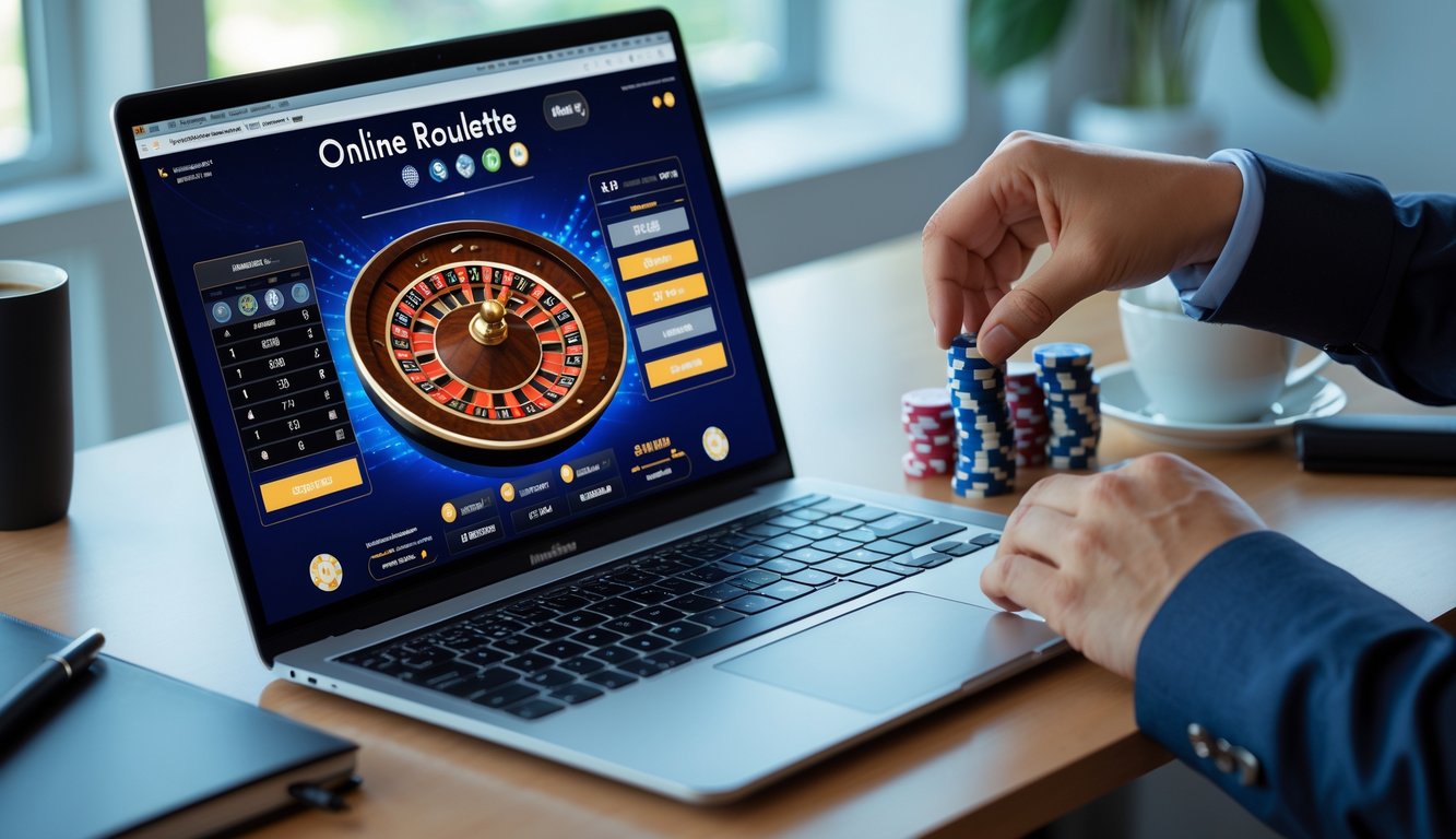 Seseorang sedang bermain roulette online di laptop dengan meja taruhan digital dan chip di tangan di ruang kerja yang rapi.