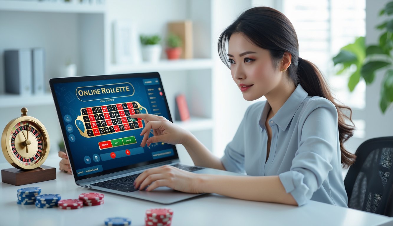 Seorang wanita muda duduk di depan laptop di ruang kerja rumah, sedang melihat permainan roulette online dengan suasana yang tenang dan aman.