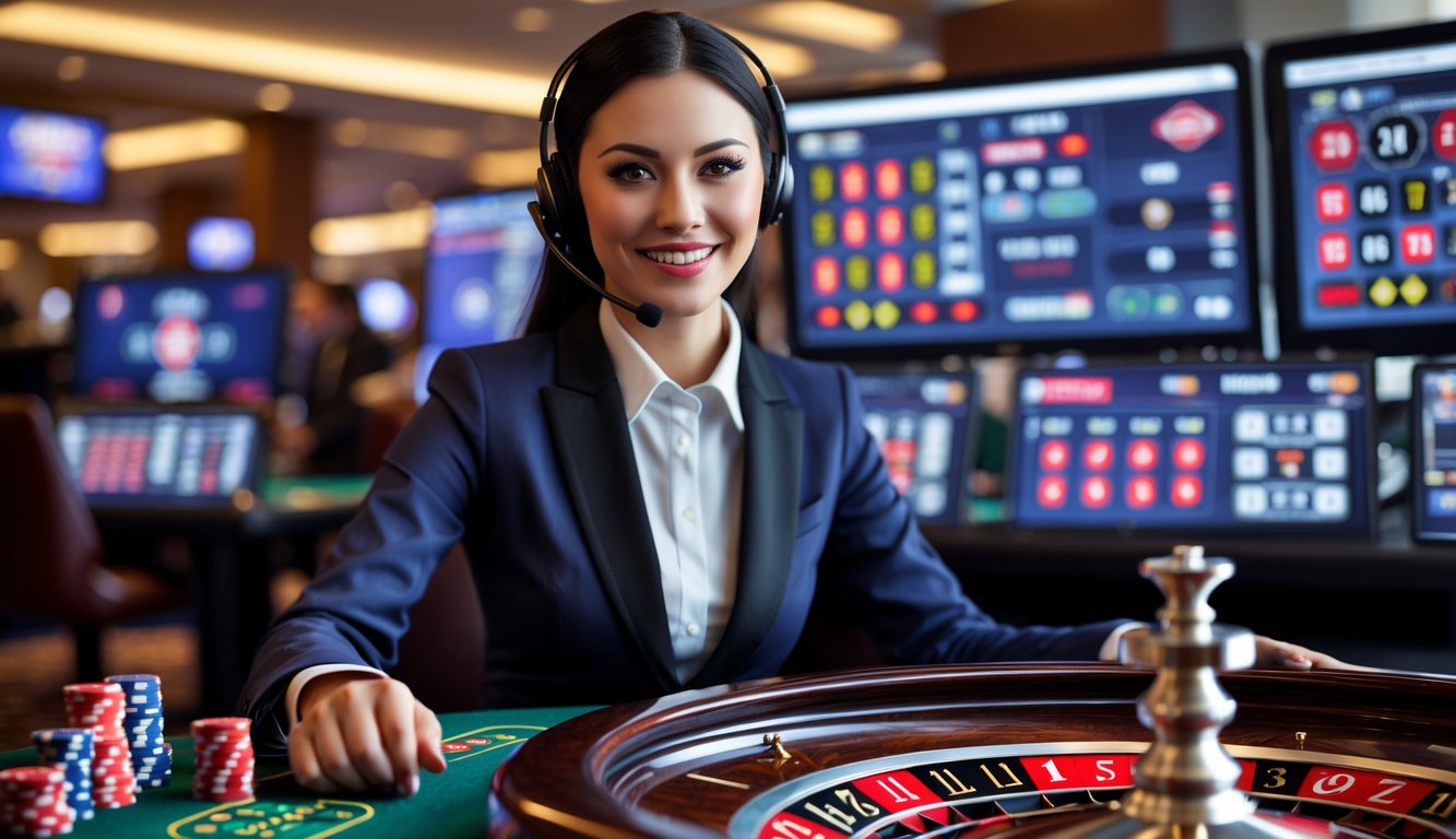 Seorang dealer langsung yang ramah sedang bermain roulette di kasino online dengan meja roulette dan layar komputer di latar belakang.