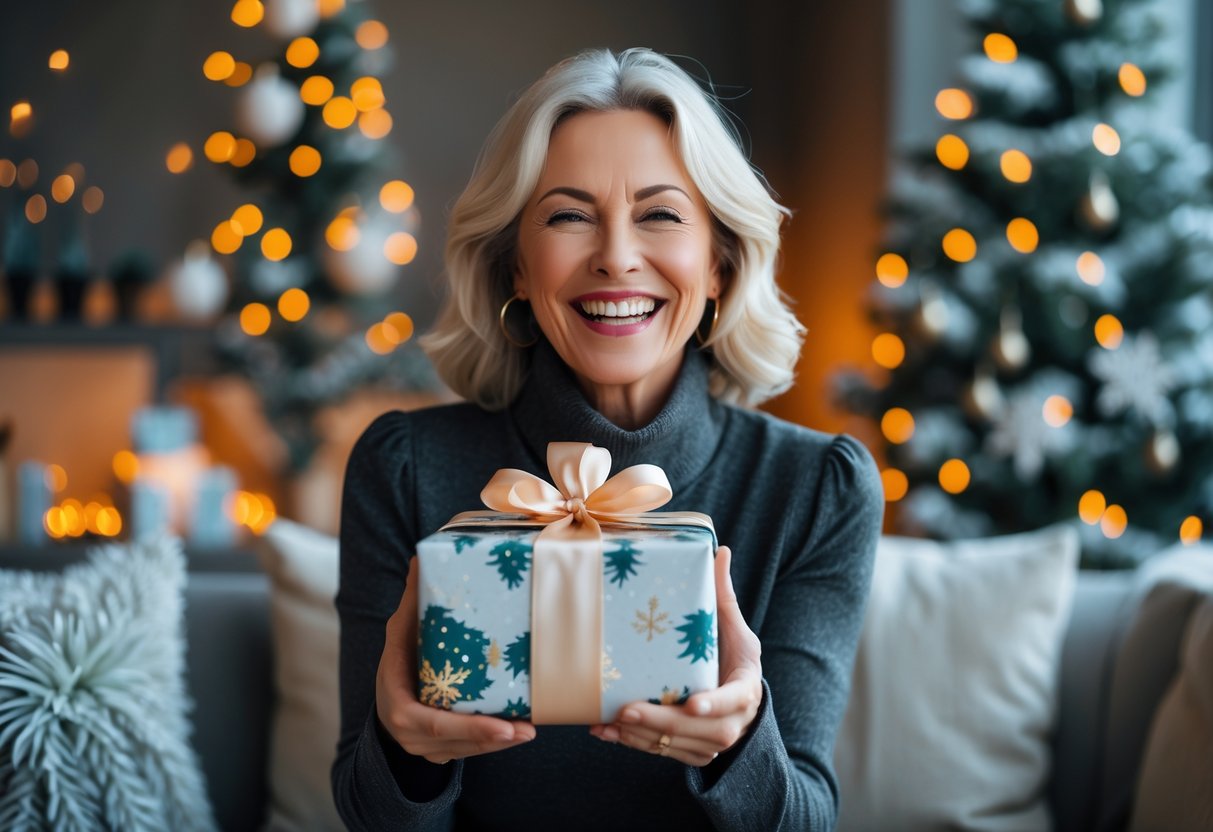 A smiling adult woman holding a wrapped gift in a cozy room decorated with winter holiday ornaments.