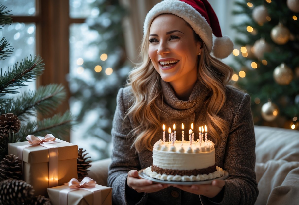 A smiling adult woman celebrating her birthday indoors with winter decorations and a birthday cake.