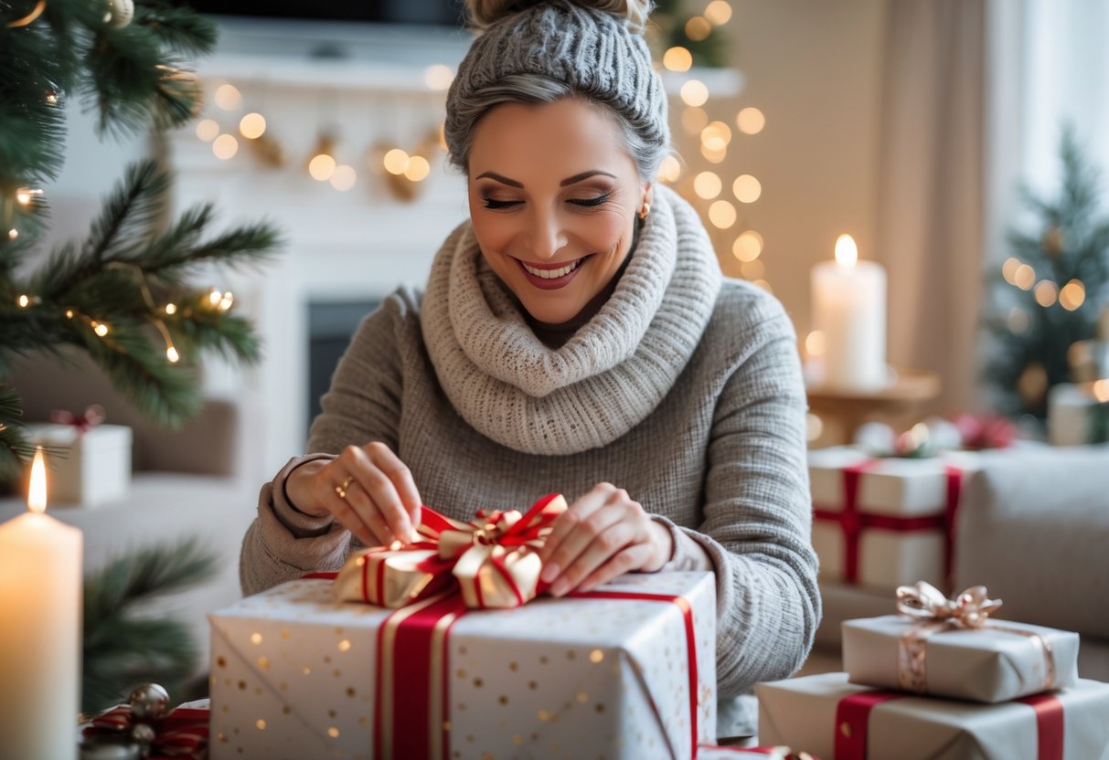 A middle-aged woman happily opening a wrapped gift in a cozy, decorated room with holiday lights and birthday decorations.