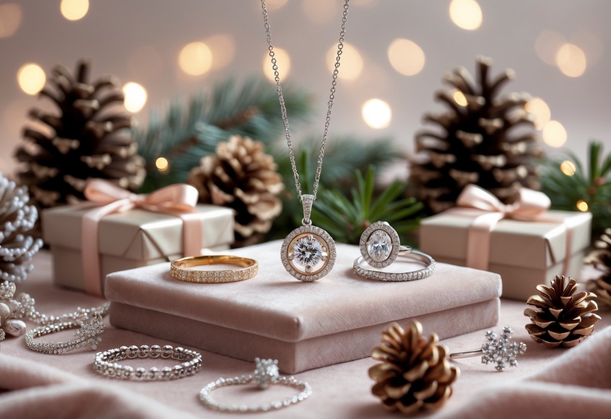 An elegant display of jewelry and keepsakes arranged with winter decorations for a milestone birthday celebration.