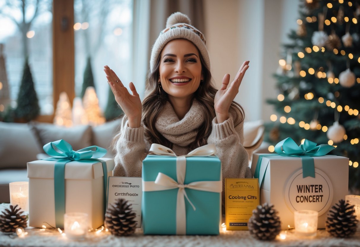 A joyful adult woman celebrating her birthday surrounded by unique experience gifts and winter-themed decorations indoors.