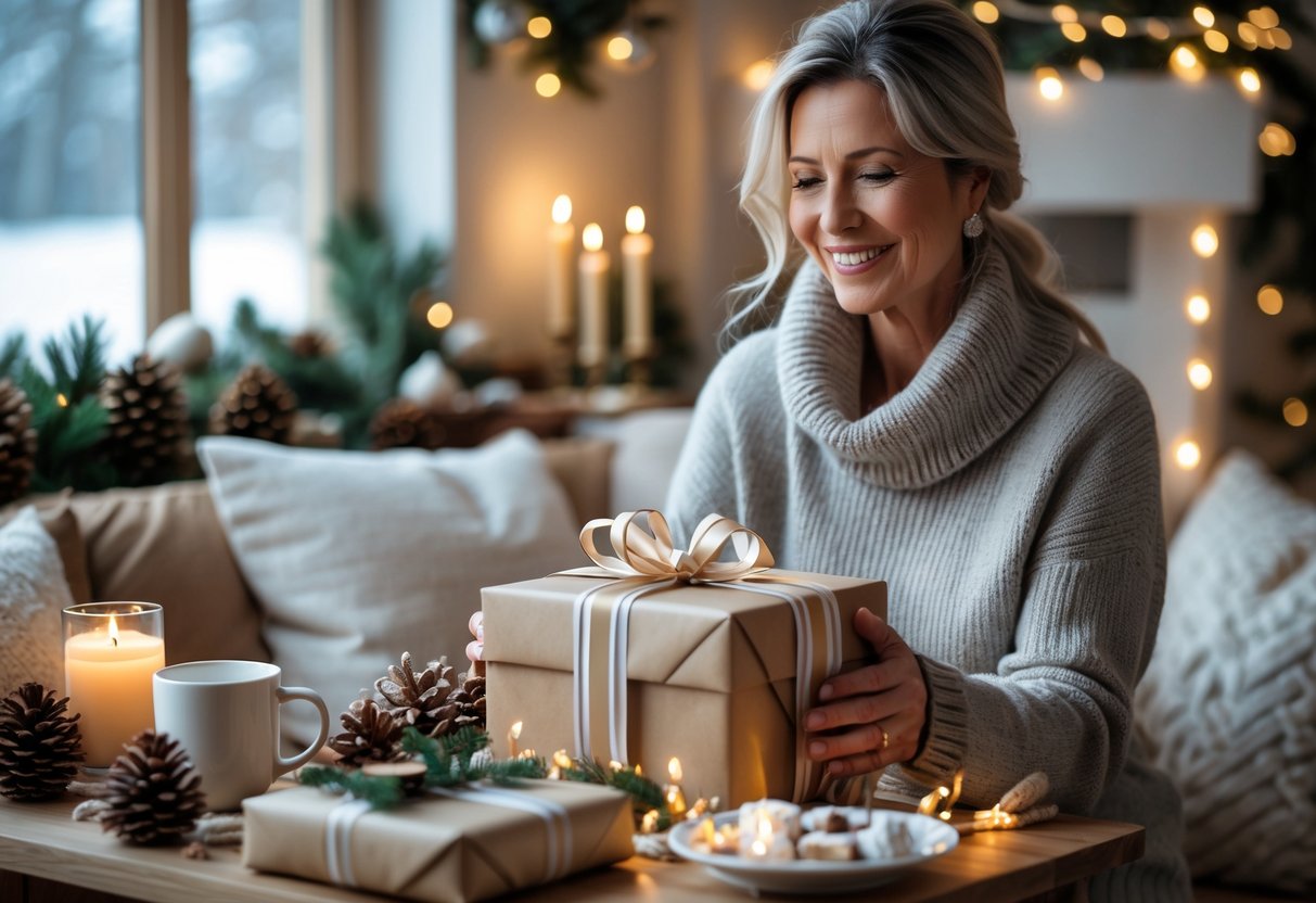 A woman holding a wrapped gift in a cozy living room decorated for a winter birthday with seasonal decorations and a snowy view outside.