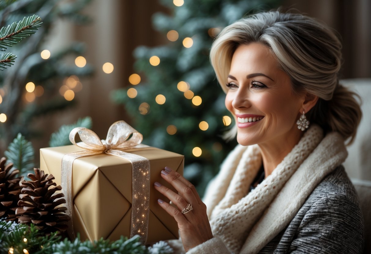 A woman admiring a beautifully wrapped gift surrounded by winter decorations in a cozy indoor setting.