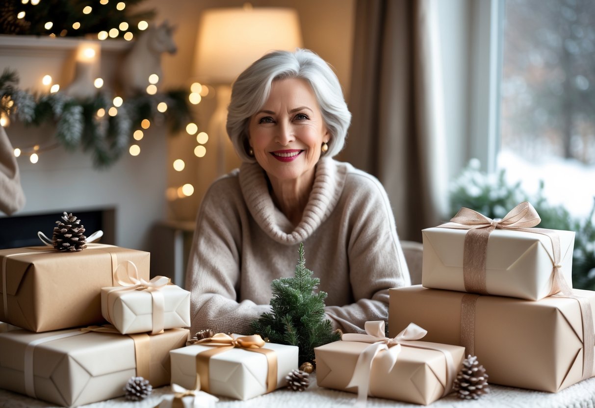 A mature woman sitting at a decorated table with wrapped gifts and winter holiday decorations, smiling gently in a cozy room with soft natural light.