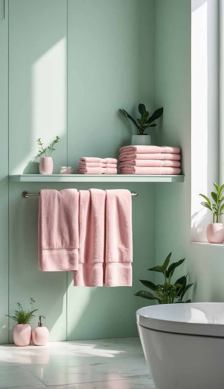A bathroom with soft mint green walls and blush pink towels neatly arranged on a towel rack.