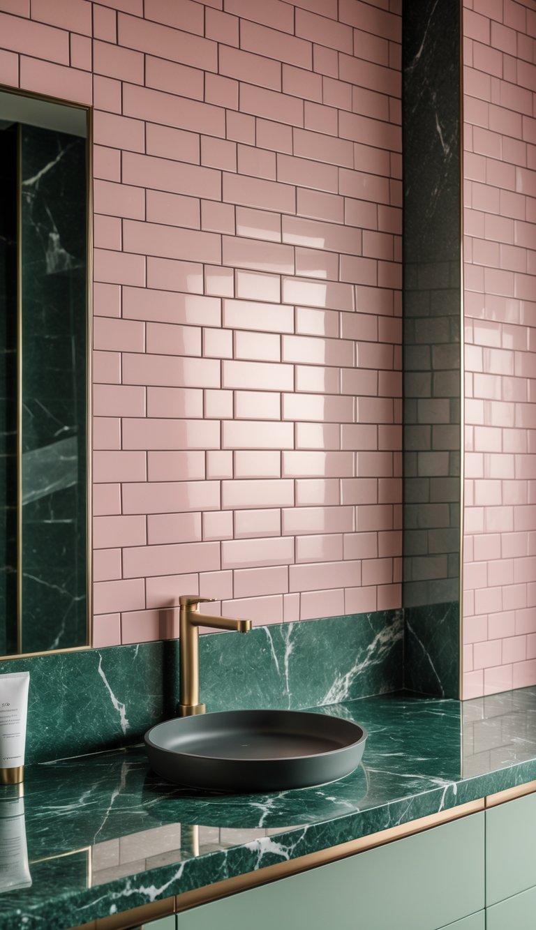 A bathroom with pink subway tile backsplash and green marble countertops, featuring a sink and modern fixtures.