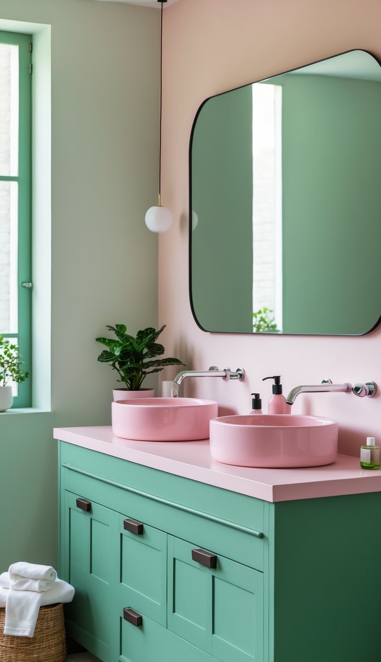 Bathroom with a green vanity and two pink ceramic sinks, decorated with small plants and towels.