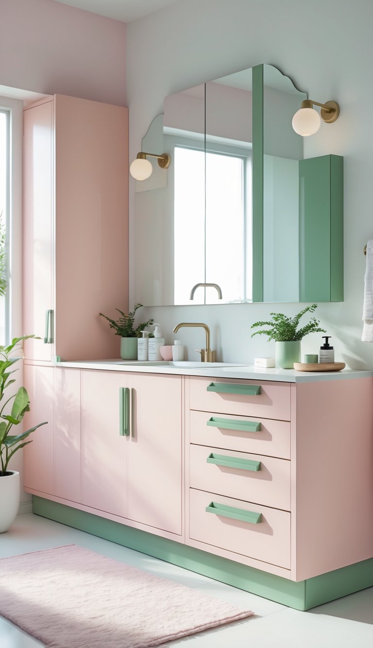 A bathroom with pastel pink cabinets and sage green hardware, a white countertop, and small plants on the counter.