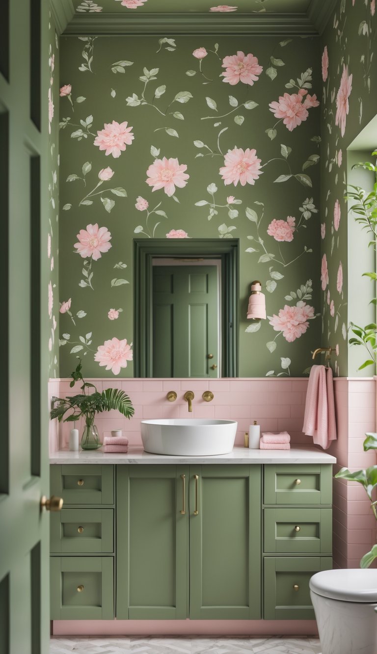 A bathroom with olive green floral wallpaper, green cabinets, and pink bathroom accessories.