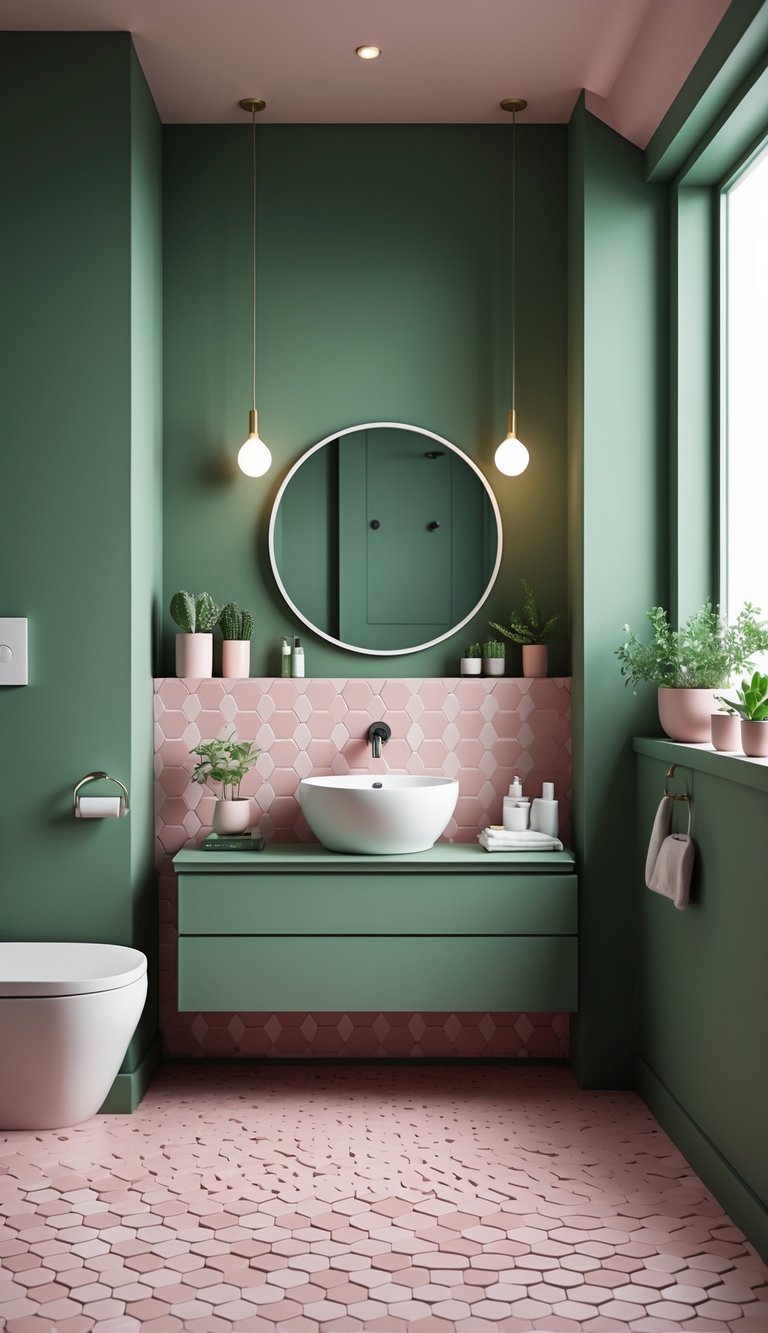 A bathroom with pink hexagonal floor tiles and moss green walls, featuring a white sink, round mirror, and small plants.