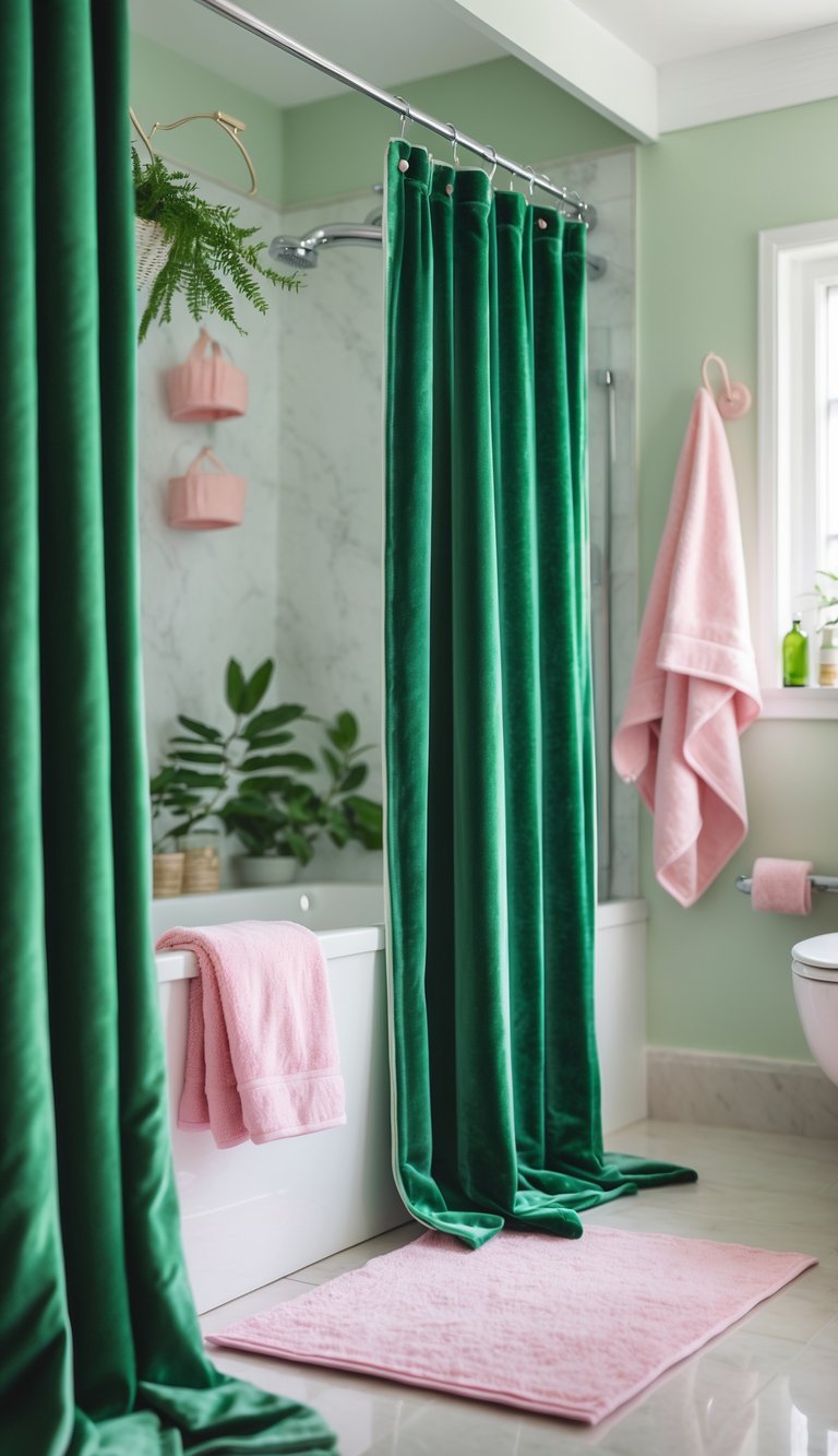 A bathroom with green velvet shower curtains hanging from pale pink hooks, surrounded by green and pink bathroom accessories.