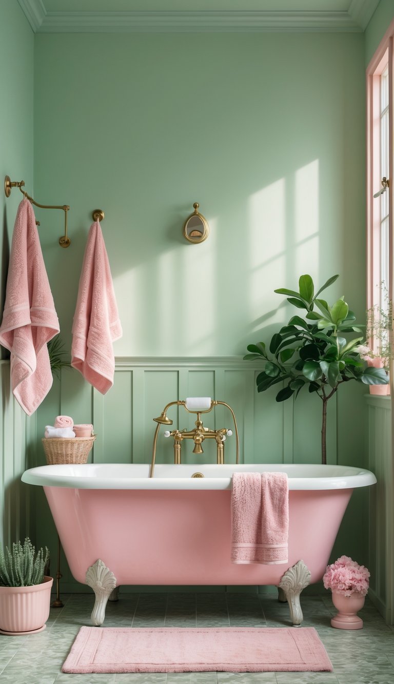 A vintage pink clawfoot bathtub in a bathroom with soft green walls and matching green and pink decor.