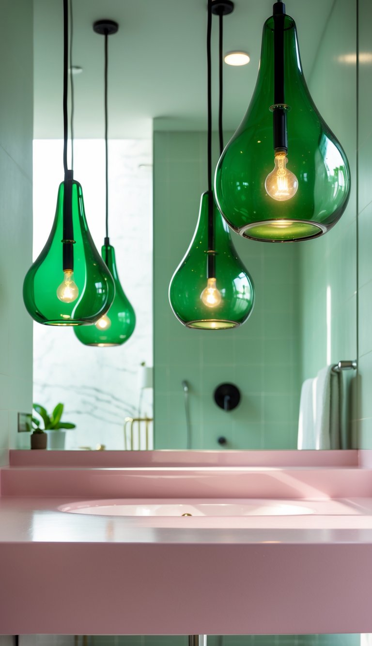 Three green glass pendant lights hanging over a pink bathroom countertop with bathroom fixtures in the background.