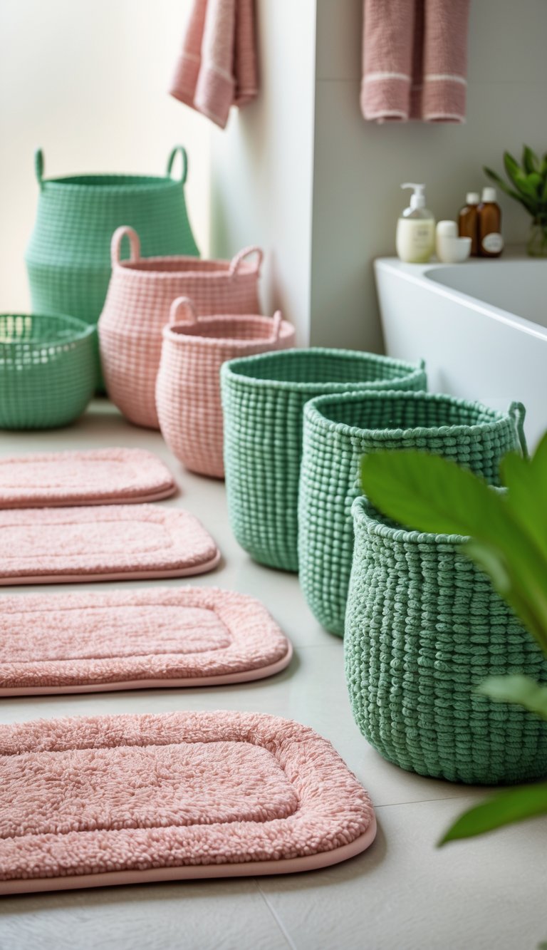 A bathroom with blush pink bath mats on the floor and green woven baskets arranged nearby.