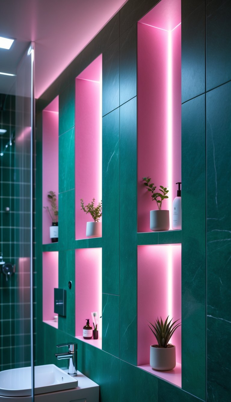 Bathroom wall with green niches lit by pink LED lights, displaying small plants and bathroom items.
