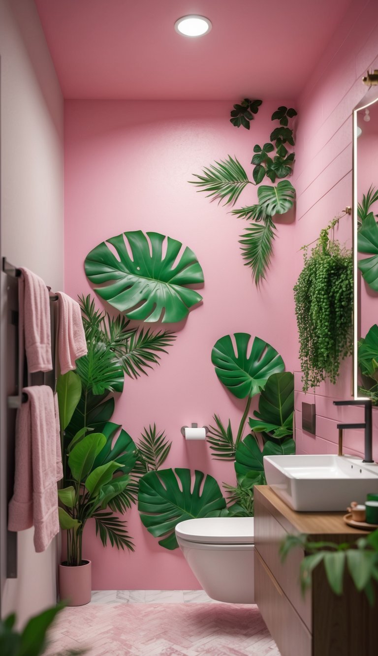 Bathroom with a pink ceiling and green leafy wall art