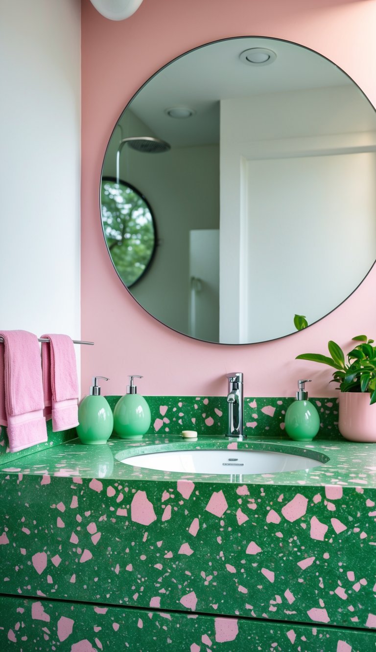 A bathroom with green terrazzo countertops featuring pink flecks, decorated with green and pink accessories and plants.