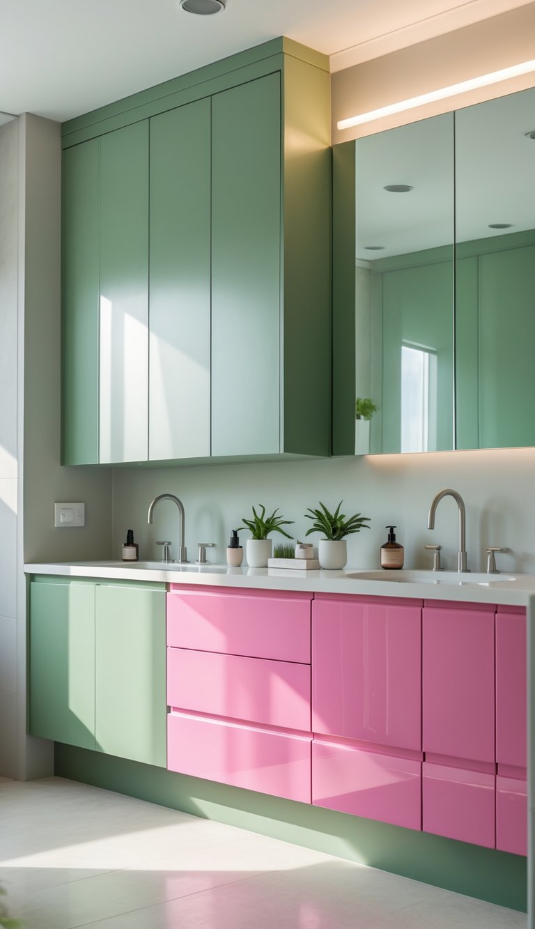 Bathroom with green cabinets and pink drawer fronts, white countertop, and decorative plants.
