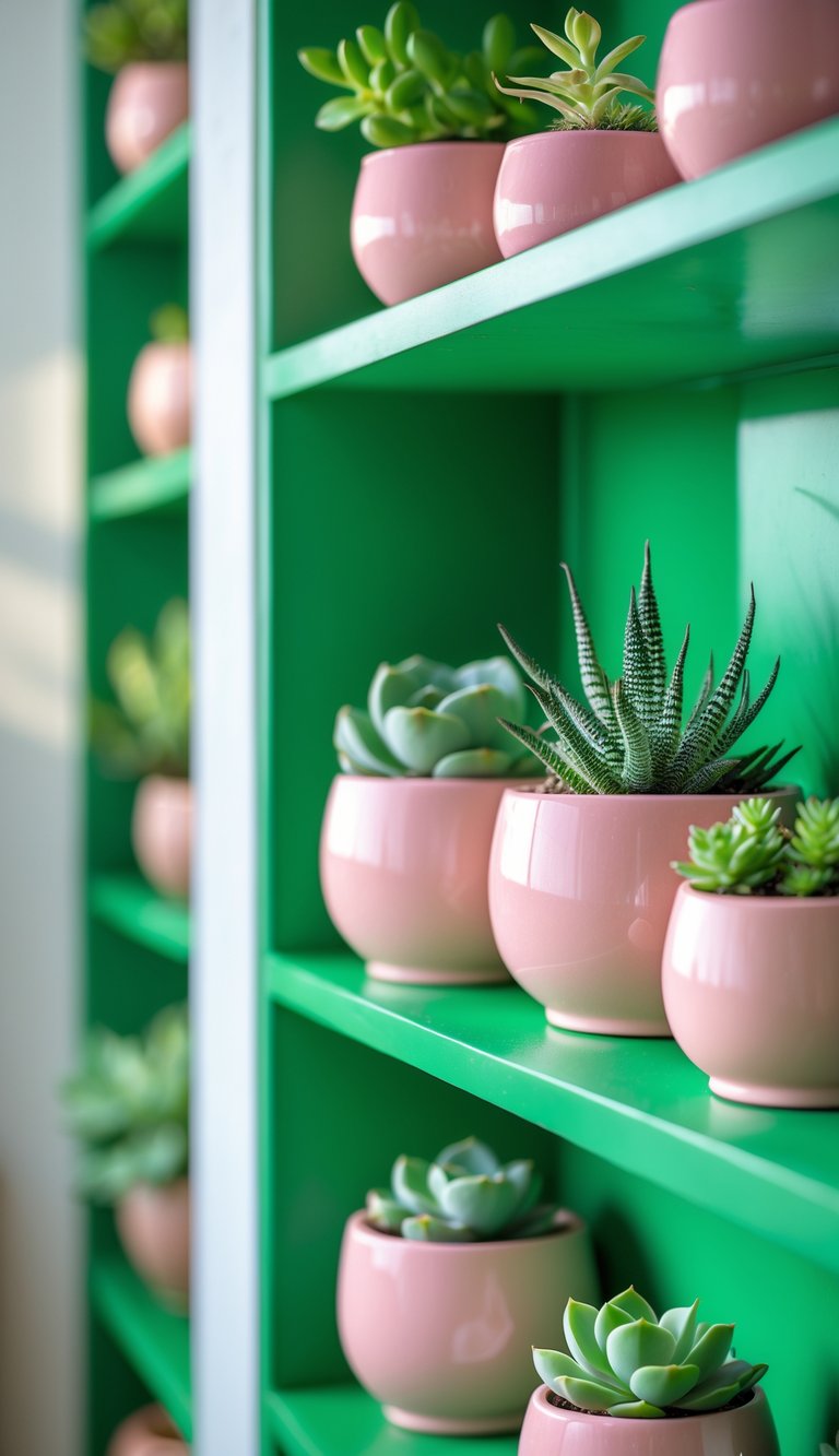 Succulent plants in pink ceramic pots arranged on green shelves in a bathroom setting.