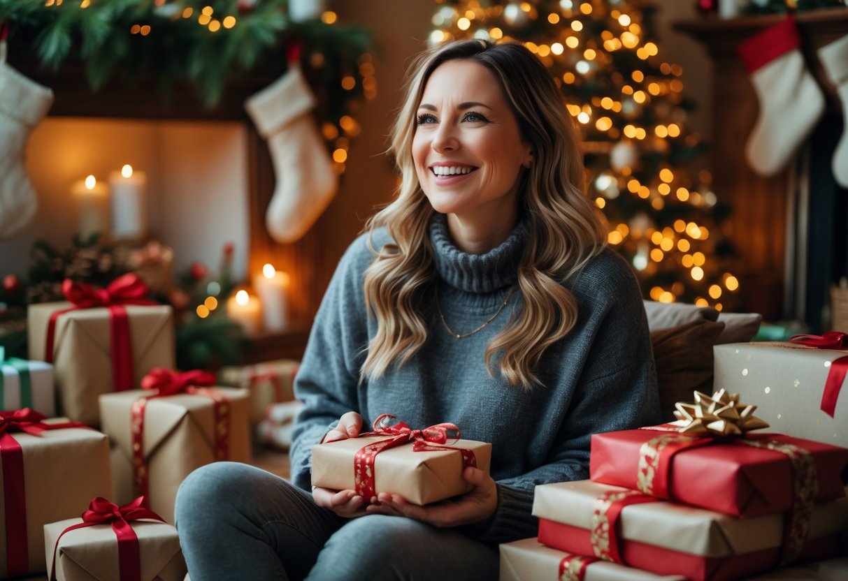 A woman sitting in a cozy living room decorated for Christmas, surrounded by wrapped gifts and a decorated Christmas tree.