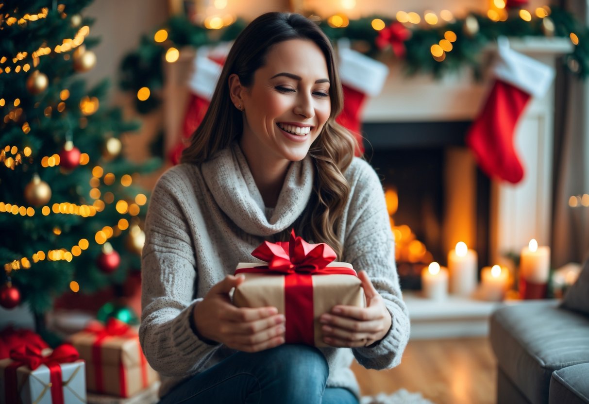 A smiling woman unwraps a Christmas gift in a cozy living room decorated with a Christmas tree, stockings, and candles.