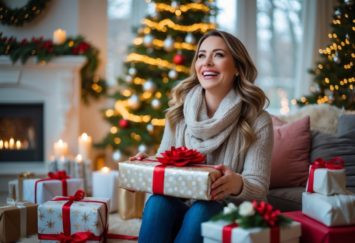 A smiling woman in her 30s sitting in a cozy living room decorated for Christmas, holding a wrapped gift with a Christmas tree and presents in the background.